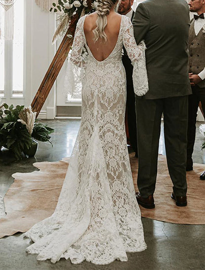 Beach Vintage Open Back Boho Wedding Dresses Mermaid / Trumpet V Neck Long Sleeve Court Train Lace Bridal Gowns With Appliques