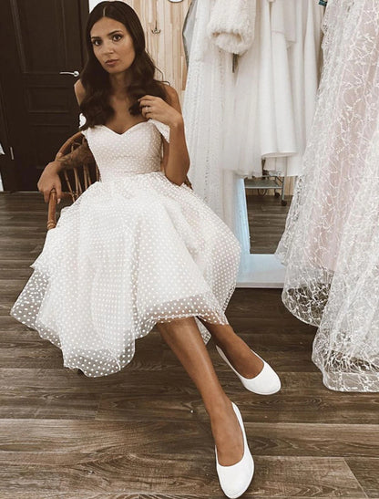 Reception Little White Dresses Wedding Dresses A-Line Off Shoulder Cap Sleeve Knee Length Tulle Bridal Gowns