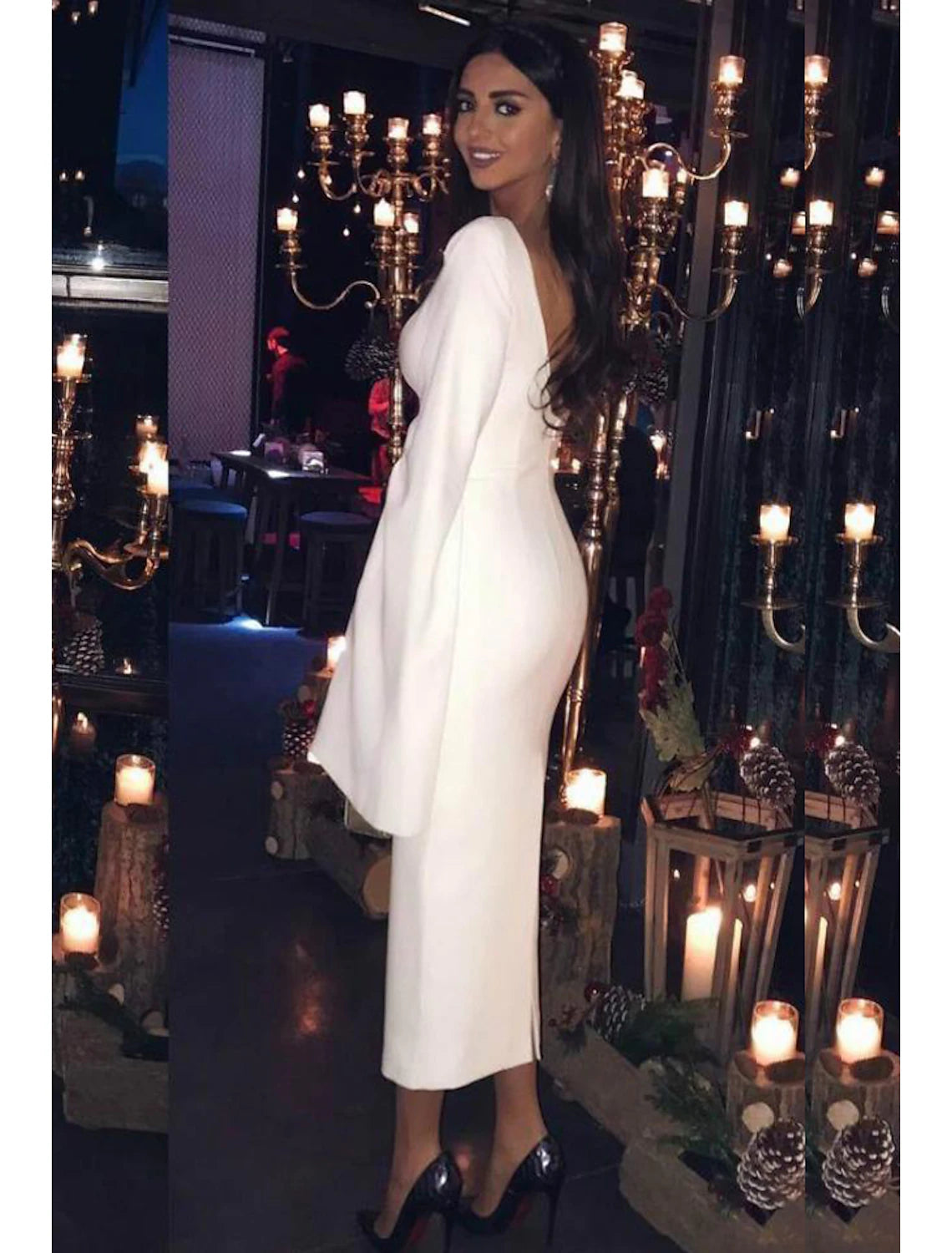 Sheath / Column Cocktail Dresses Party Dress Holiday Wedding Guest Tea Length Long Sleeve Jewel Neck Fall Wedding Guest Jersey Backless with Sleek