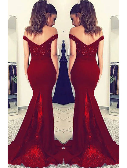 Mermaid / Trumpet Prom Dresses Sexy Dress Formal Prom Court Train Sleeveless Off Shoulder Stretch Fabric V Back with Beading Appliques