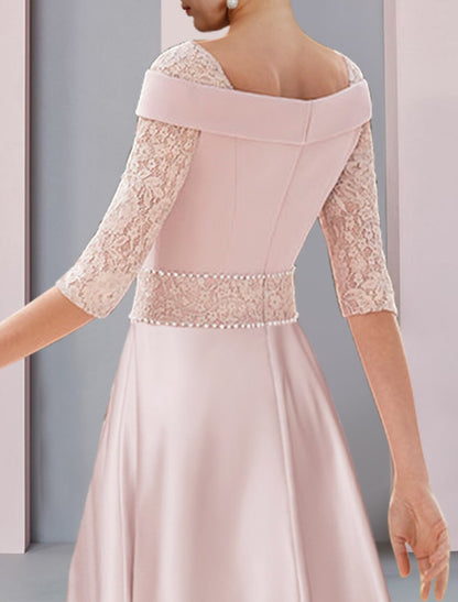 A-Line Mother of the Bride Dress Formal Wedding Guest Elegant Square Neck Tea Length Satin Lace Half Sleeve with Pearls