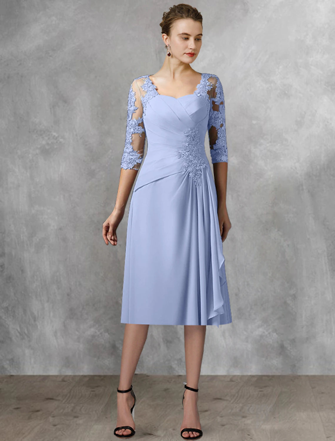 Two Piece A-Line Mother of the Bride Dress Wedding Guest Elegant Square Neck Tea Length Chiffon Lace Half Sleeve Wrap Included with Appliques Side-Draped