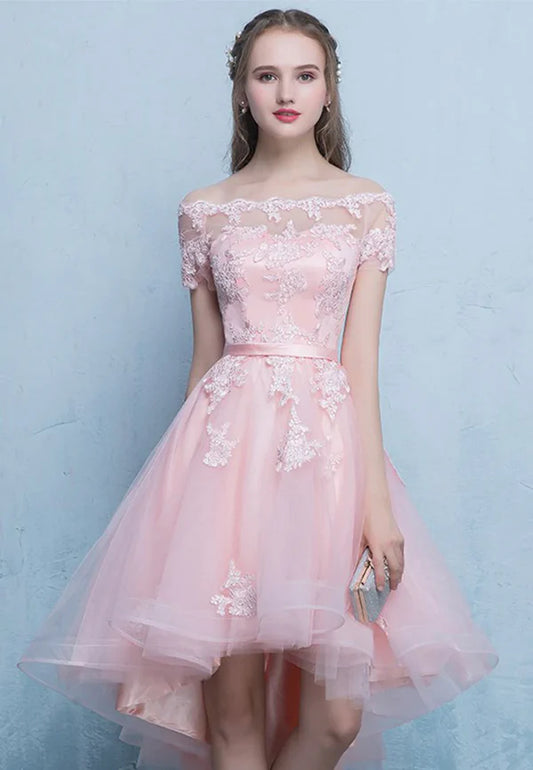 Pink Lace High Low Prom Dress A-Line Off the Shoulder Party Dress