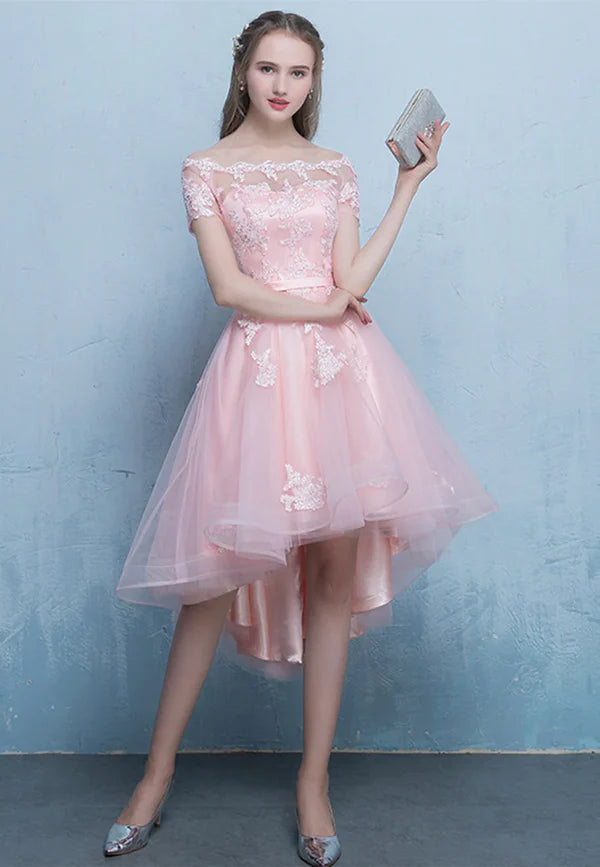 Pink Lace High Low Prom Dress A-Line Off the Shoulder Party Dress