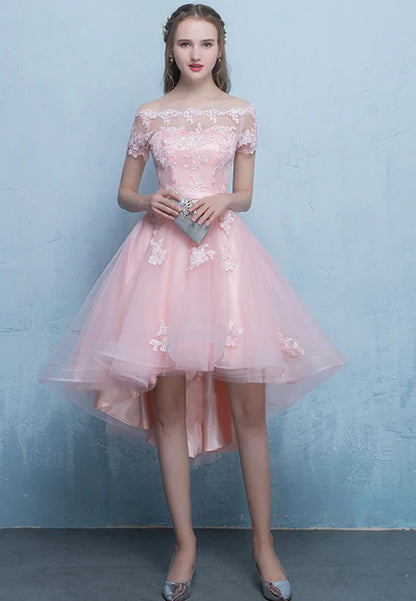 Pink Lace High Low Prom Dress A-Line Off the Shoulder Party Dress