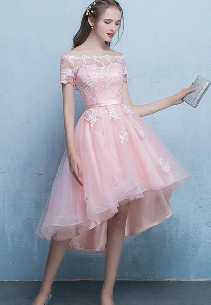 Pink Lace High Low Prom Dress A-Line Off the Shoulder Party Dress