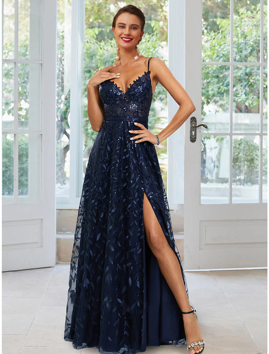 A-Line Evening Gown Floral Dress Formal Wedding Guest Floor Length Sleeveless Spaghetti Strap Satin with Slit Appliques