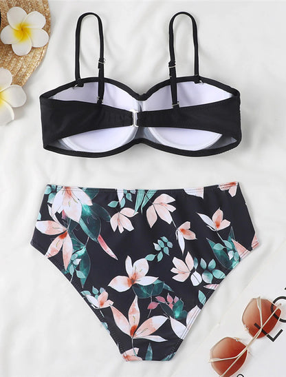 Women's Normal Swimwear Bikini 2 Piece Swimsuit 2 Piece Open Back Sexy Printing High Waisted Floral Leaves Strap Vacation Fashion Bathing Suits