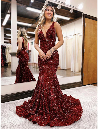 Mermaid / Trumpet Prom Dresses Sparkle & Shine Dress Formal Wedding Party Court Train Sleeveless V Neck Sequined Backless with Sequin