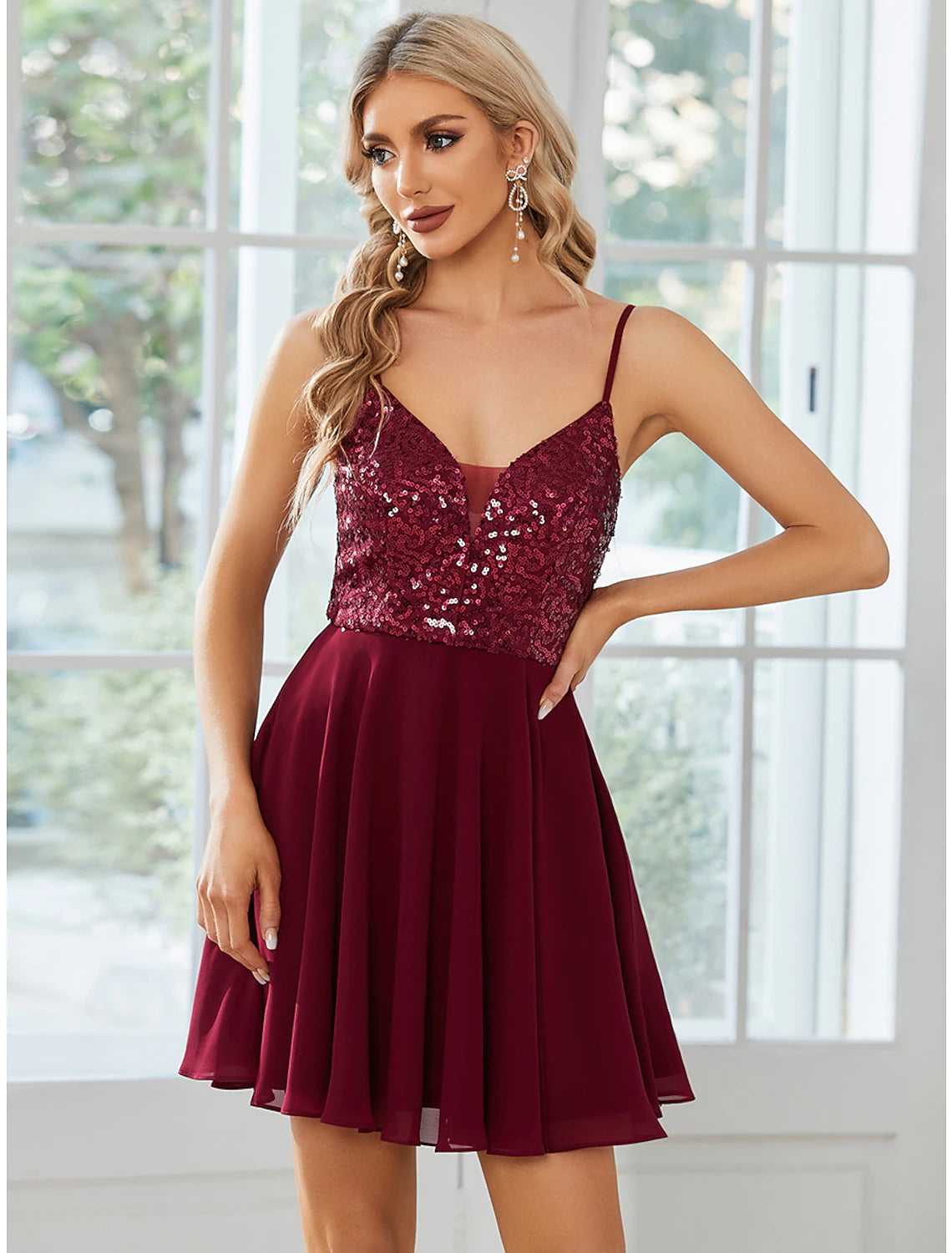 A-Line Homecoming Dresses Sparkle & Shine Dress Party Wear Birthday Short / Mini Sleeveless Spaghetti Strap Chiffon with Pleats Sequin