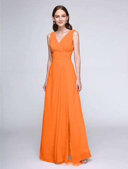 Sheath / Column Bridesmaid Dress V Neck Sleeveless Elegant Floor Length Chiffon with Criss Cross / Ruched