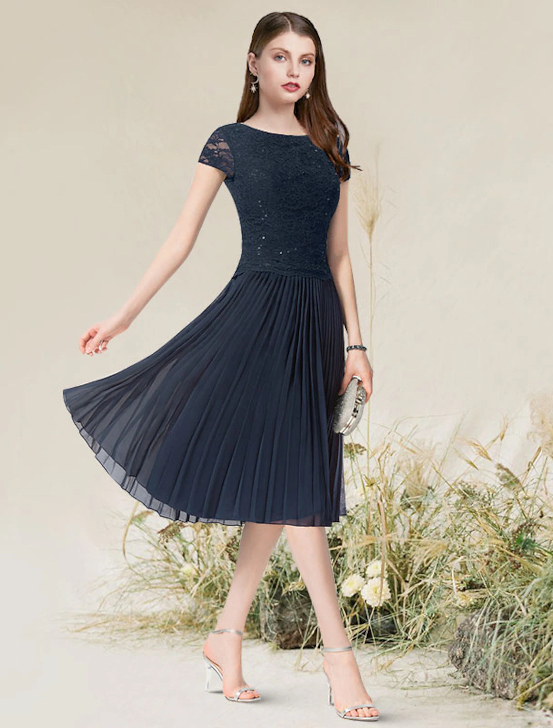 A-Line Cocktail Dresses Flirty Dress Homecoming Wedding Guest Tea Length Short Sleeve Jewel Neck Chiffon with Pleats