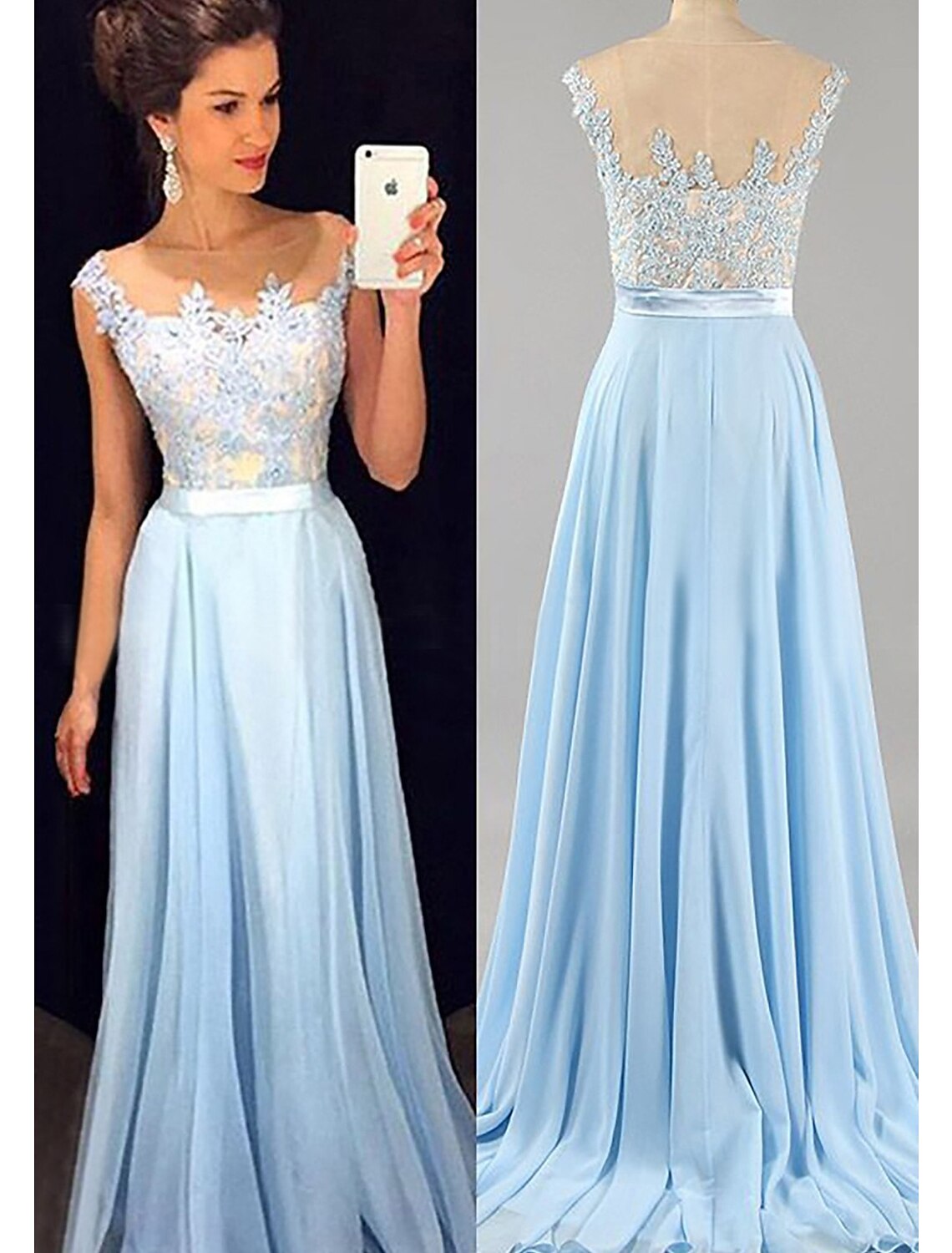 A-Line Prom Dresses Color Block Dress Formal Prom Floor Length Sleeveless Jewel Neck Chiffon with Beading Appliques