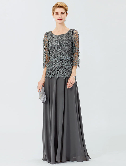 Ball Gown A-Line Mother of the Bride Dress Formal Classic & Timeless Elegant & Luxurious Elegant Scoop Neck Floor Length Chiffon Corded Lace 3/4 Length Sleeve with Sashes / Ribbons Beading