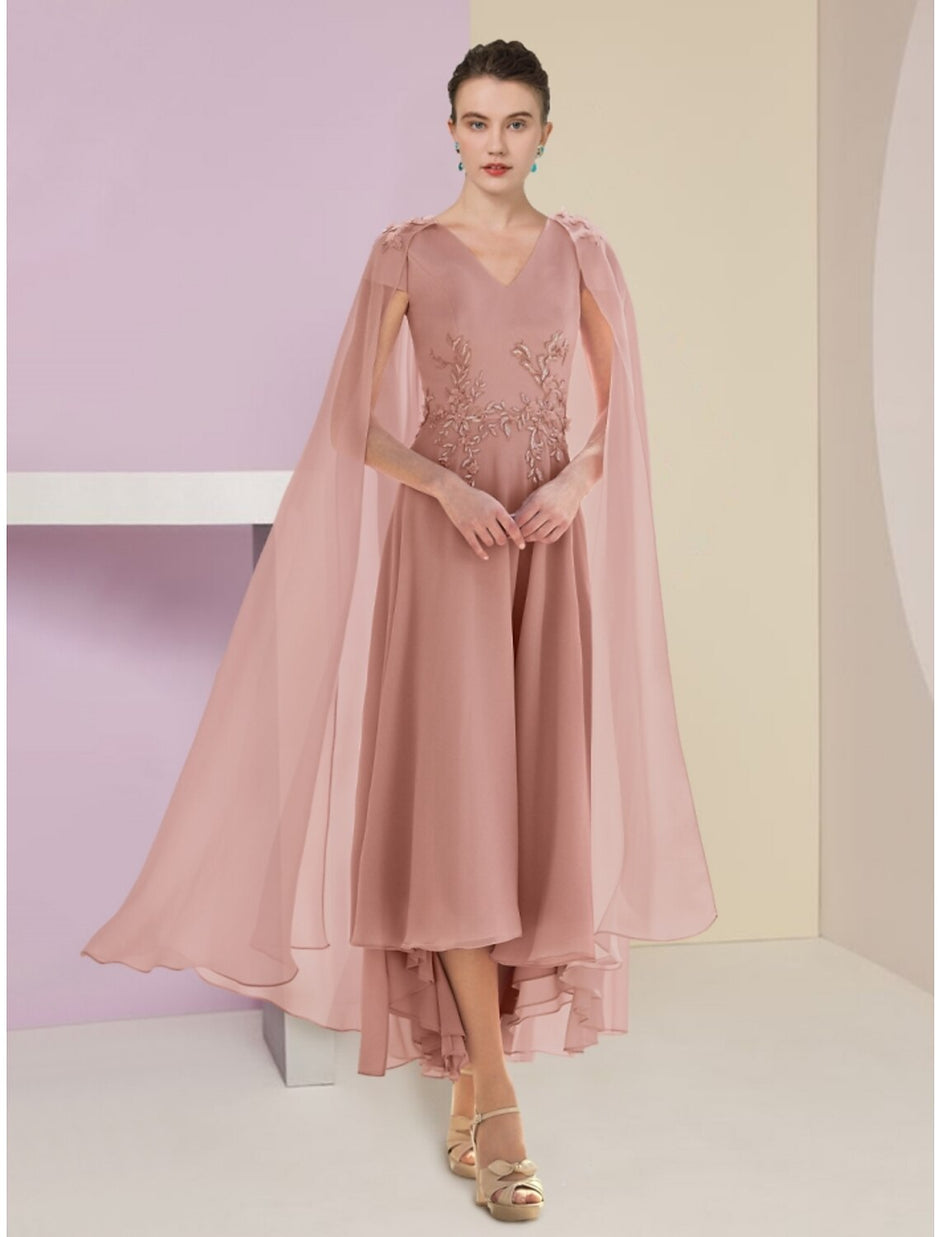 A-Line Mother of the Bride Dress Wedding Guest Elegant High Low Sweet Spaghetti Strap Asymmetrical Tea Length Satin 3/4 Length Sleeve with Pleats Fall