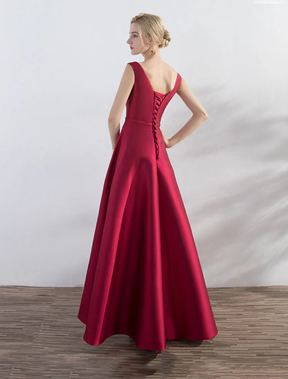 A-Line Evening Gown Minimalist Dress Party Wear Formal Evening Asymmetrical Sleeveless Jewel Neck Satin with Sleek