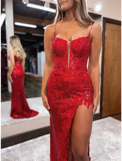 Mermaid / Trumpet Prom Dresses Sparkle & Shine Dress Formal Wedding Party Sweep / Brush Train Sleeveless Spaghetti Strap Sequined Backless with Beading Sequin Slit