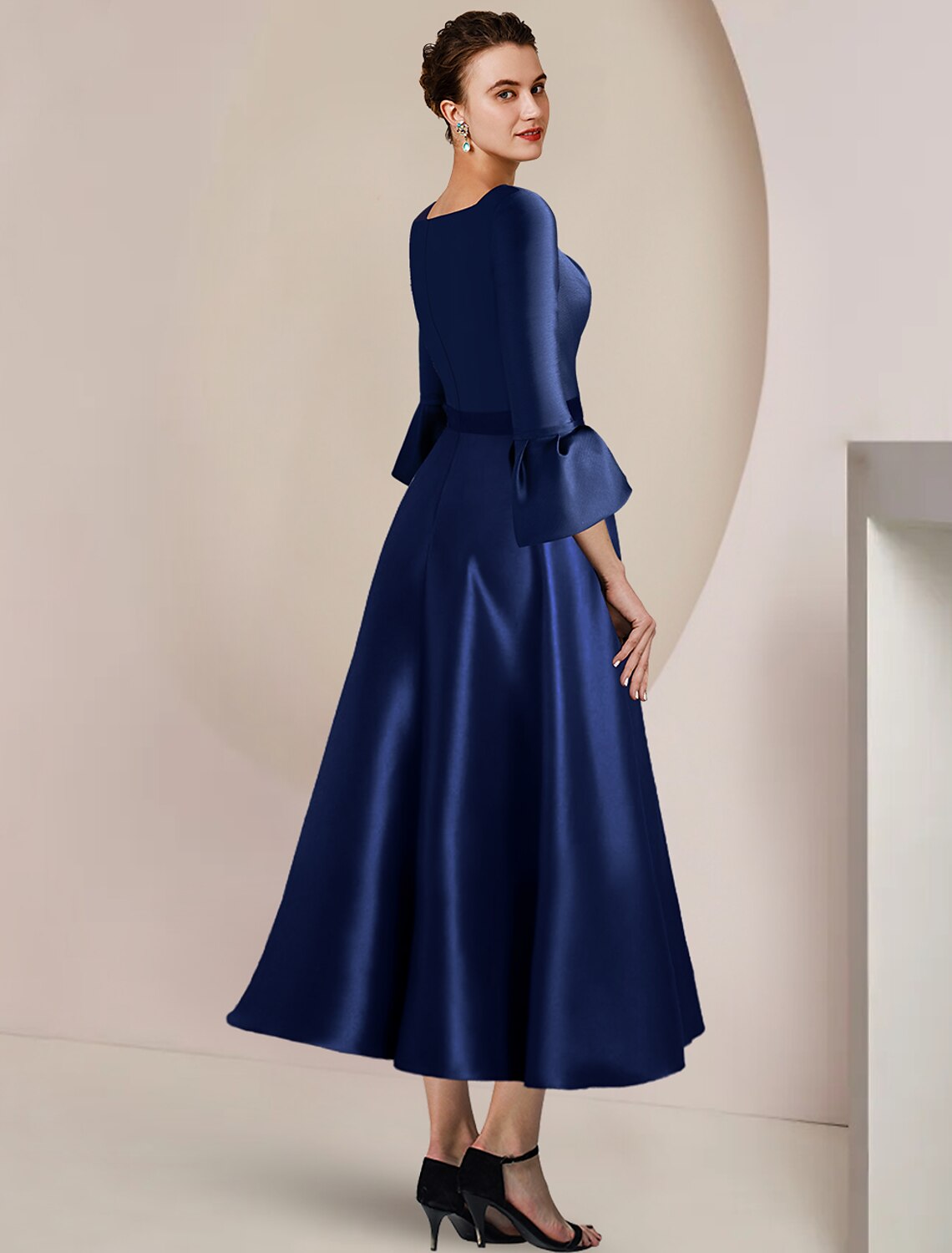 A-Line Mother of the Bride Dress Formal Wedding Guest Party Elegant Bateau Neck Tea Length Satin 3/4 Length Sleeve with Bow(s) Split Front