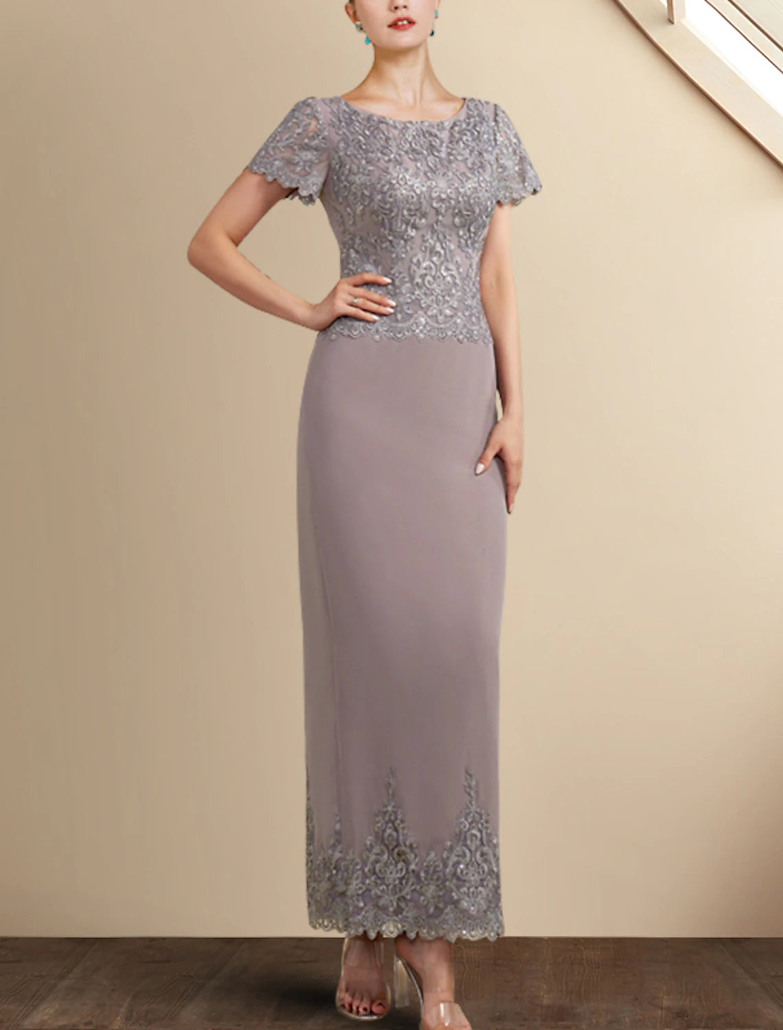 Sheath / Column Mother of the Bride Dress Elegant Jewel Neck Ankle Length Chiffon Lace Short Sleeve with Appliques