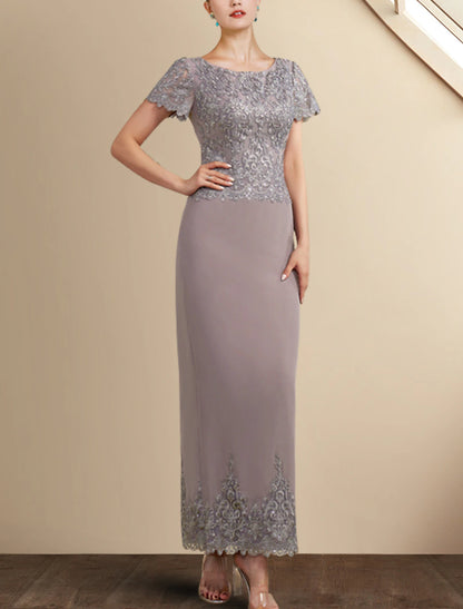 Sheath / Column Mother of the Bride Dress Elegant Jewel Neck Ankle Length Chiffon Lace Short Sleeve with Appliques