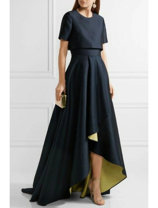 Two Piece Sheath / Column Mother of the Bride Dress Wedding Guest Church Elegant Simple High Low Jewel Neck Asymmetrical Taffeta Short Sleeve with Pleats Solid Color