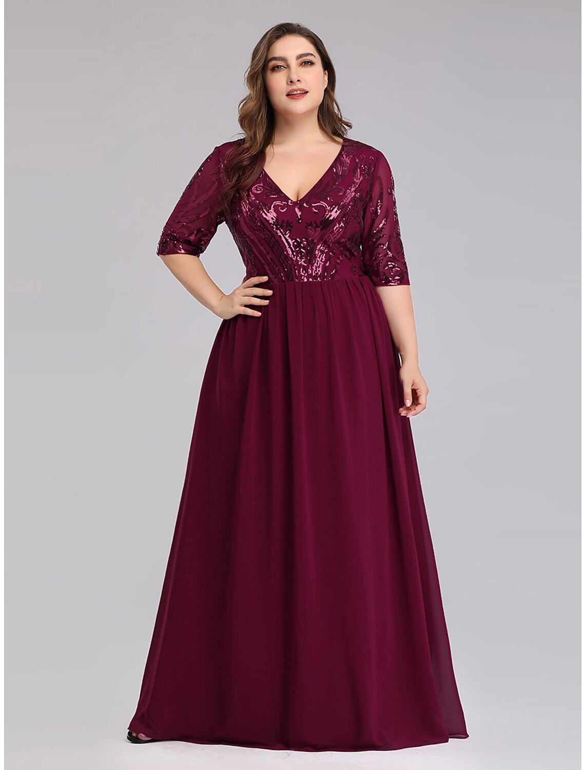 A-Line Prom Dresses Plus Size Dress Wedding Guest Prom Floor Length Half Sleeve Plunging Neck Chiffon