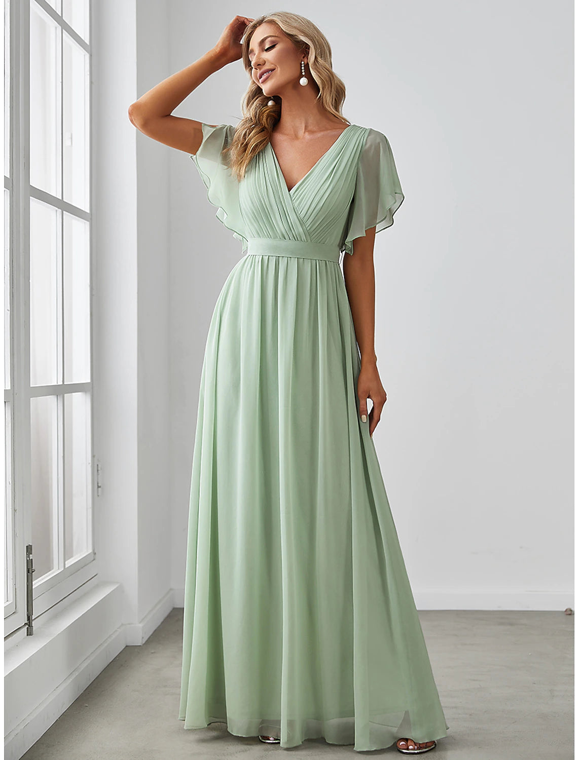 A-Line Bridesmaid Dress V Neck Short Sleeve Elegant Stretch Chiffon with Ruffles