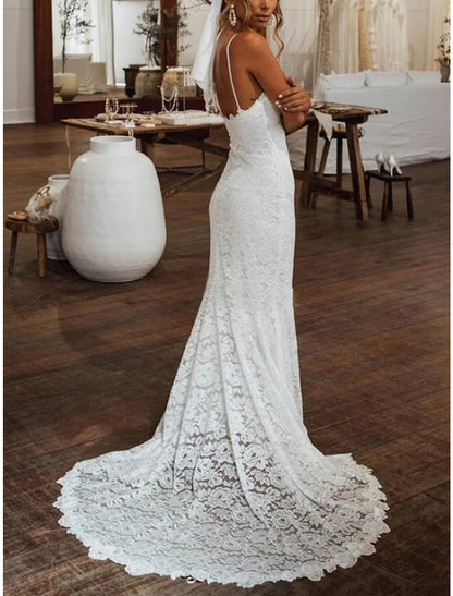 Beach Boho Wedding Dresses Mermaid / Trumpet Camisole Sleeveless Sweep / Brush Train Lace Bridal Gowns With Pleats