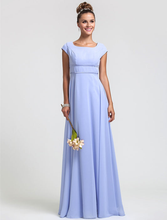 Sheath / Column Bridesmaid Dress Square Neck Short Sleeve Elegant Floor Length Chiffon with Sash / Ribbon / Pleats