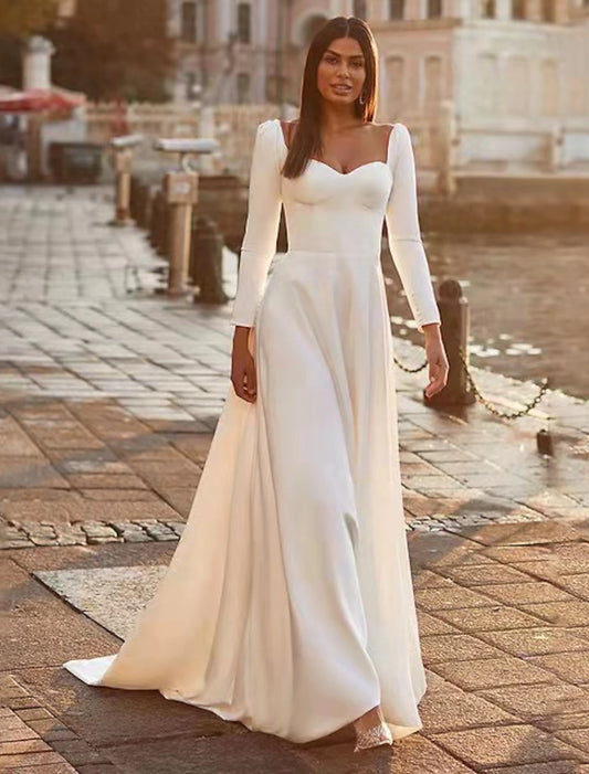 Reception Royal Style Casual Wedding Dresses A-Line Sweetheart Long Sleeve Sweep / Brush Train Satin Bridal Gowns With Solid