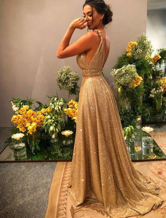 A-Line Prom Dresses Glittering Dress Evening Party Dress Formal Evening Sweep / Brush Train Sleeveless Spaghetti Strap Stretch Satin Backless with Rhinestone