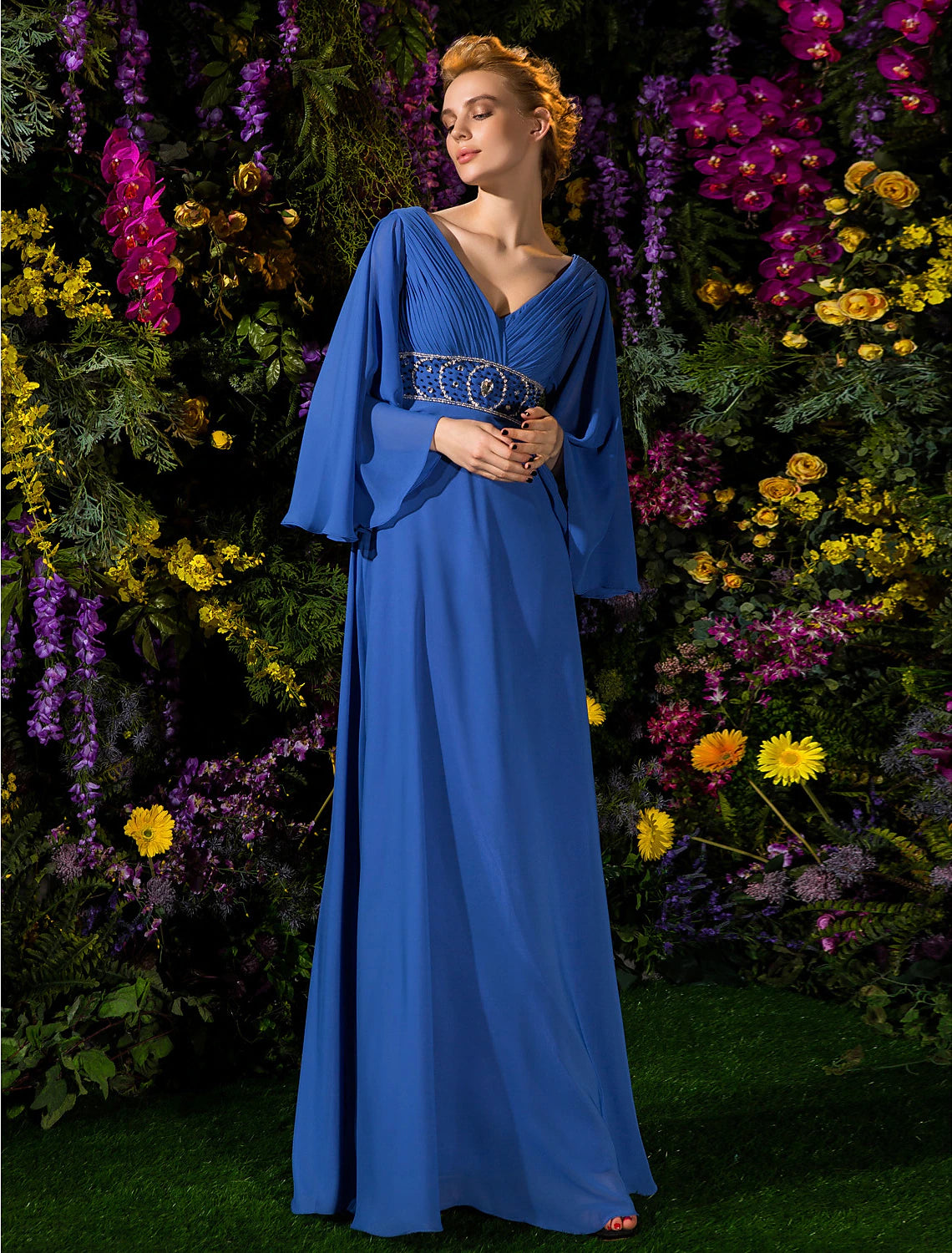 A-Line Mother of the Bride Dress Vintage Inspired V Neck Floor Length Chiffon Long Sleeve with Crystals Beading Side Draping