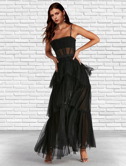 A-Line Prom Dresses Corsets Dress Party Wear Prom Ankle Length Sleeveless Strapless Tulle Ladder Back with Ruffles