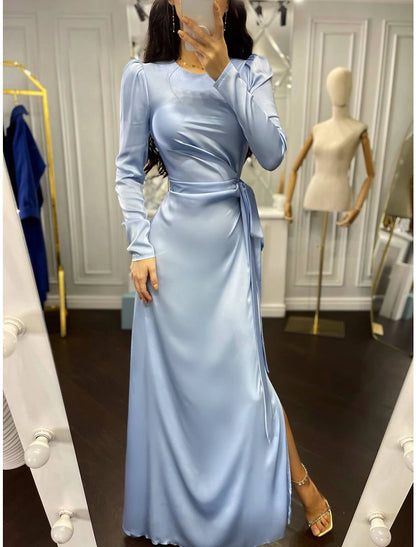 Sheath / Column Evening Gown Elegant Dress Wedding Guest Fall Floor Length Long Sleeve High Neck Bridesmaid Dress Satin with Ruched