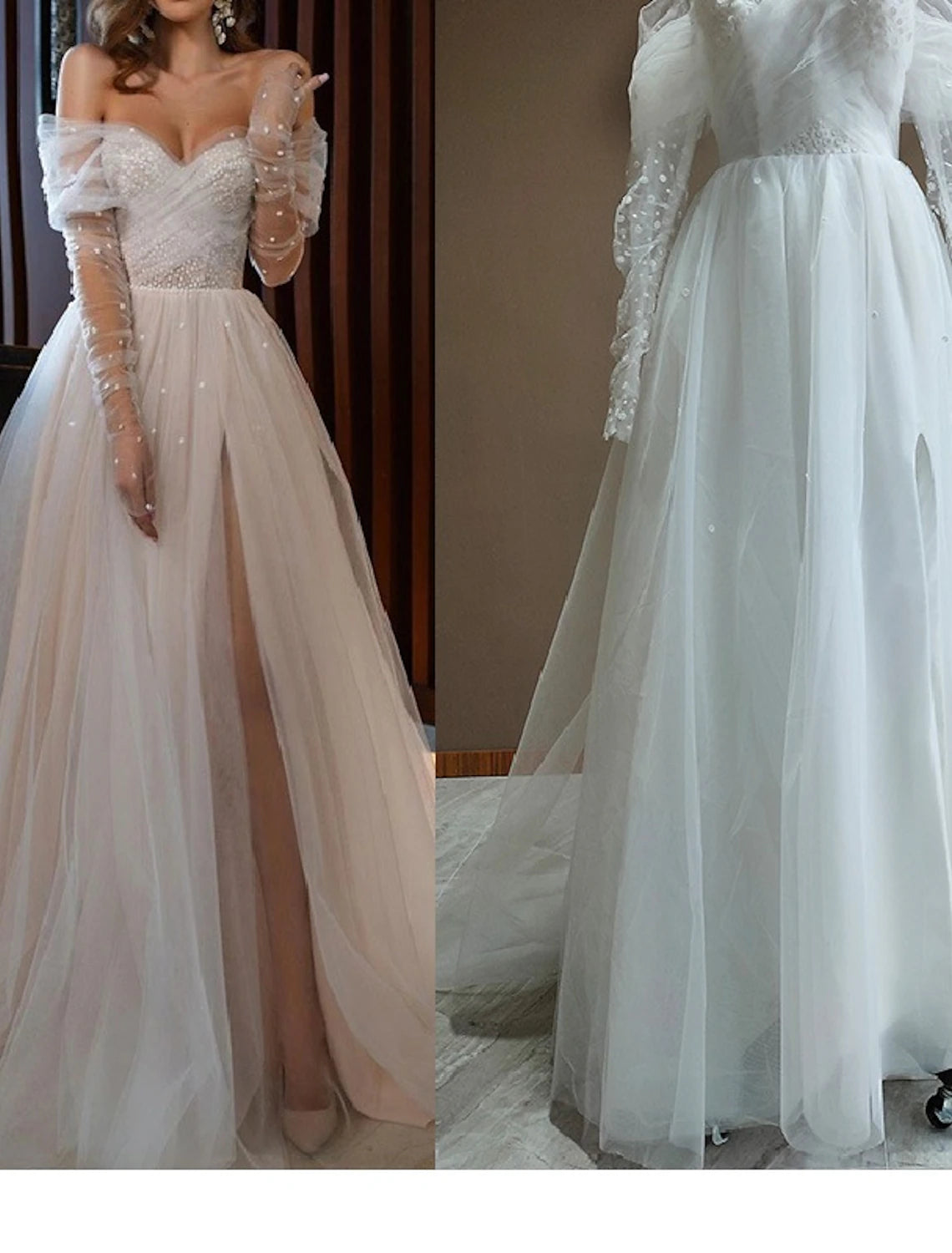 Beach Wedding Dresses A-Line Off Shoulder Long Sleeve Court Train Tulle Bridal Gowns With Pearls Split Front