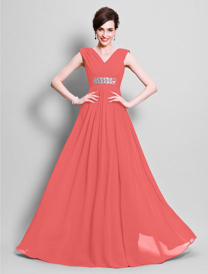 A-Line Mother of the Bride Dress Open Back V Neck Floor Length Chiffon Sleeveless with Beading Side Draping