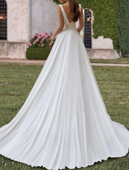 Hall Casual Wedding Dresses A-Line V Neck Sleeveless Sweep / Brush Train Chiffon Bridal Gowns With Pleats Pearls