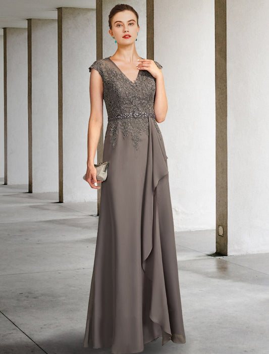 A-Line Mother of the Bride Dress Elegant V Neck Floor Length Chiffon Lace Cap Sleeve with Sash / Ribbon Appliques