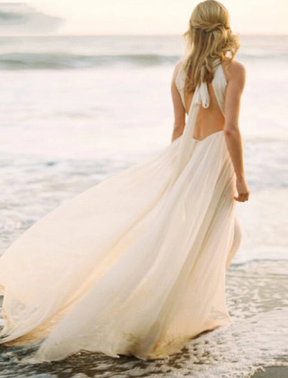 Beach Open Back Boho Wedding Dresses A-Line Halter Neck Sleeveless Sweep / Brush Train Chiffon Bridal Gowns