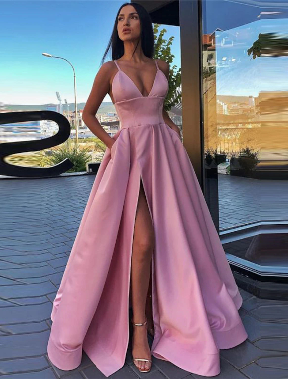 A-Line Black Prom Dress High Split Evening Dress Formal Birthday Summer Dress Spaghetti Strap Sleeveless Sweep / Brush Train Satin with Pleats