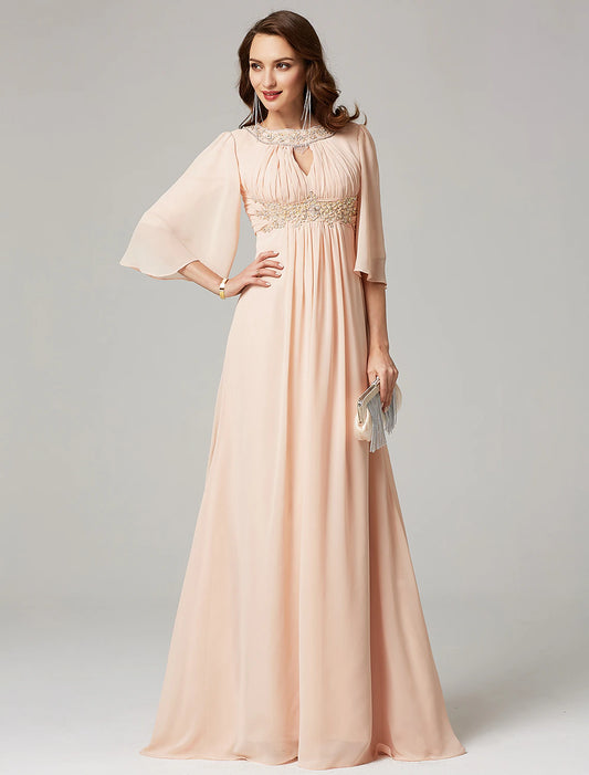 A-Line Mother of the Bride Dress Luxurious Elegant Jewel Neck Sweep / Brush Train Chiffon Half Sleeve with Pleats Beading