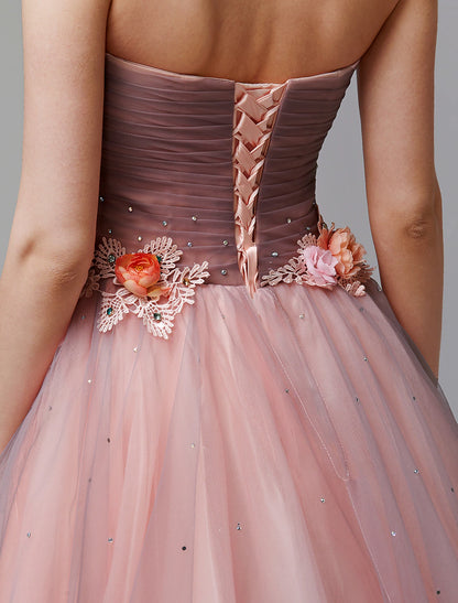 Ball Gown Floral Formal Evening Dress Strapless Sleeveless Floor Length Tulle with Pleats Flower