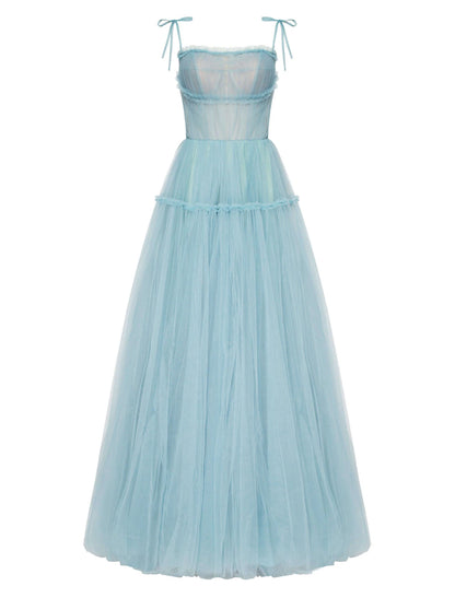 A-Line Prom Party Dress Elegant Dress Wedding Guest Prom Floor Length Sleeveless Spaghetti Strap Tulle with Pleats Ruffles