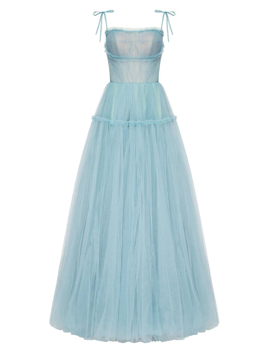 A-Line Prom Party Dress Elegant Dress Wedding Guest Prom Floor Length Sleeveless Spaghetti Strap Tulle with Pleats Ruffles