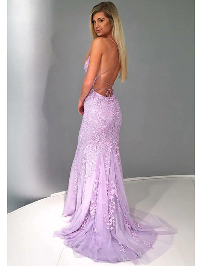 Mermaid / Trumpet Prom Dresses Open Back Dress Formal Prom Court Train Sleeveless Strapless Lace Backless with Appliques