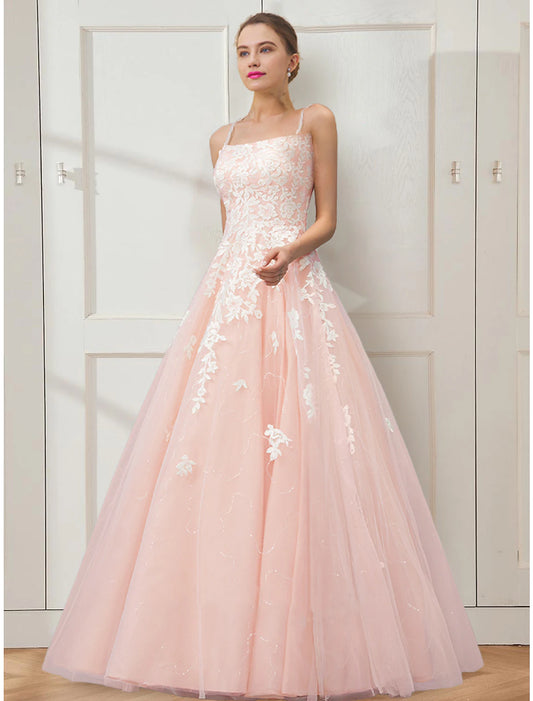 Ball Gown Prom Dresses Floral Dress Masquerade Prom Floor Length Sleeveless Spaghetti Strap Tulle Crisscross Back with Embroidery