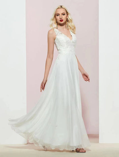 A-Line Evening Gown Open Back Dress Wedding Party Birthday Floor Length Sleeveless V Neck Chiffon with Appliques