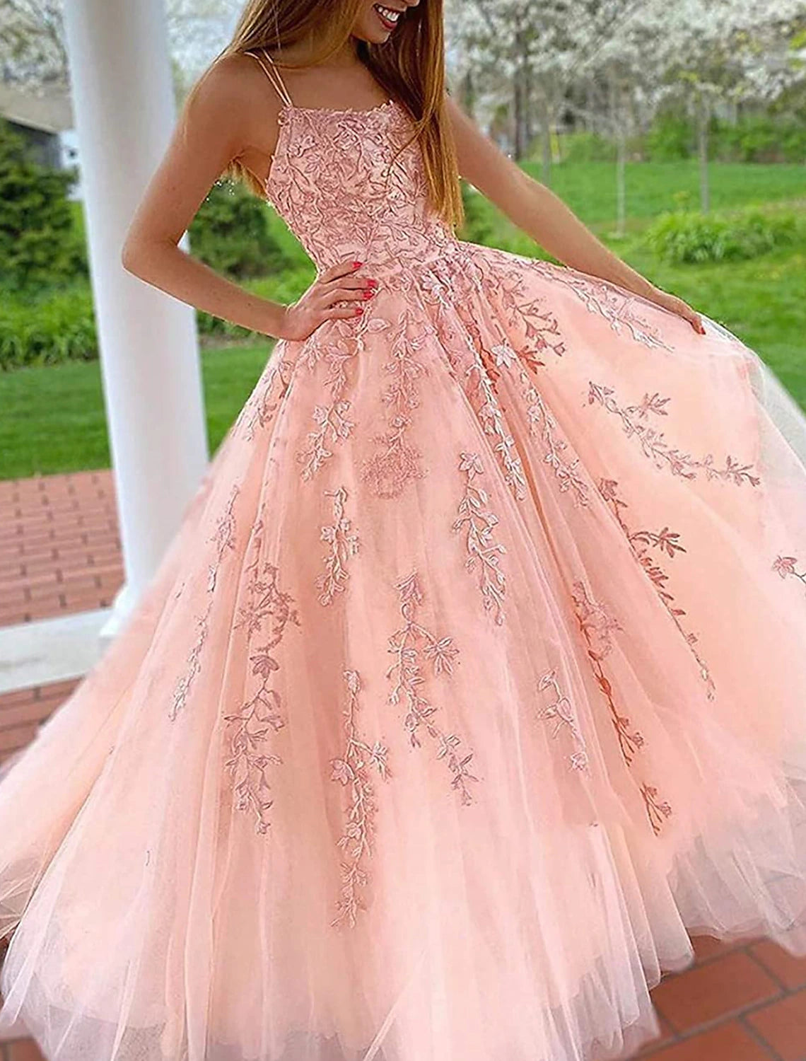 A-Line Prom Dresses Floral Dress Formal Wedding Guest Chapel Train Sleeveless Spaghetti Strap Tulle with Appliques