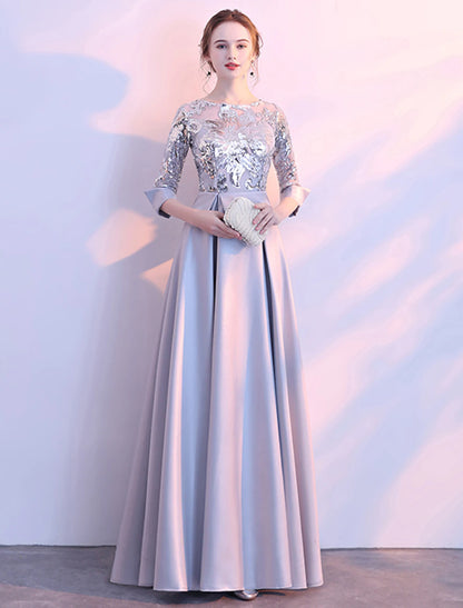 A-Line Glittering Elegant Prom Formal Evening Dress Jewel Neck 3/4 Length Sleeve Floor Length Satin with Sequin