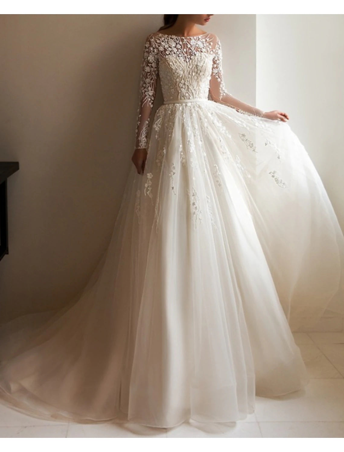 Engagement Formal Fall Wedding Dresses A-Line Illusion Neck Long Sleeve Court Train Lace Bridal Gowns With Appliques